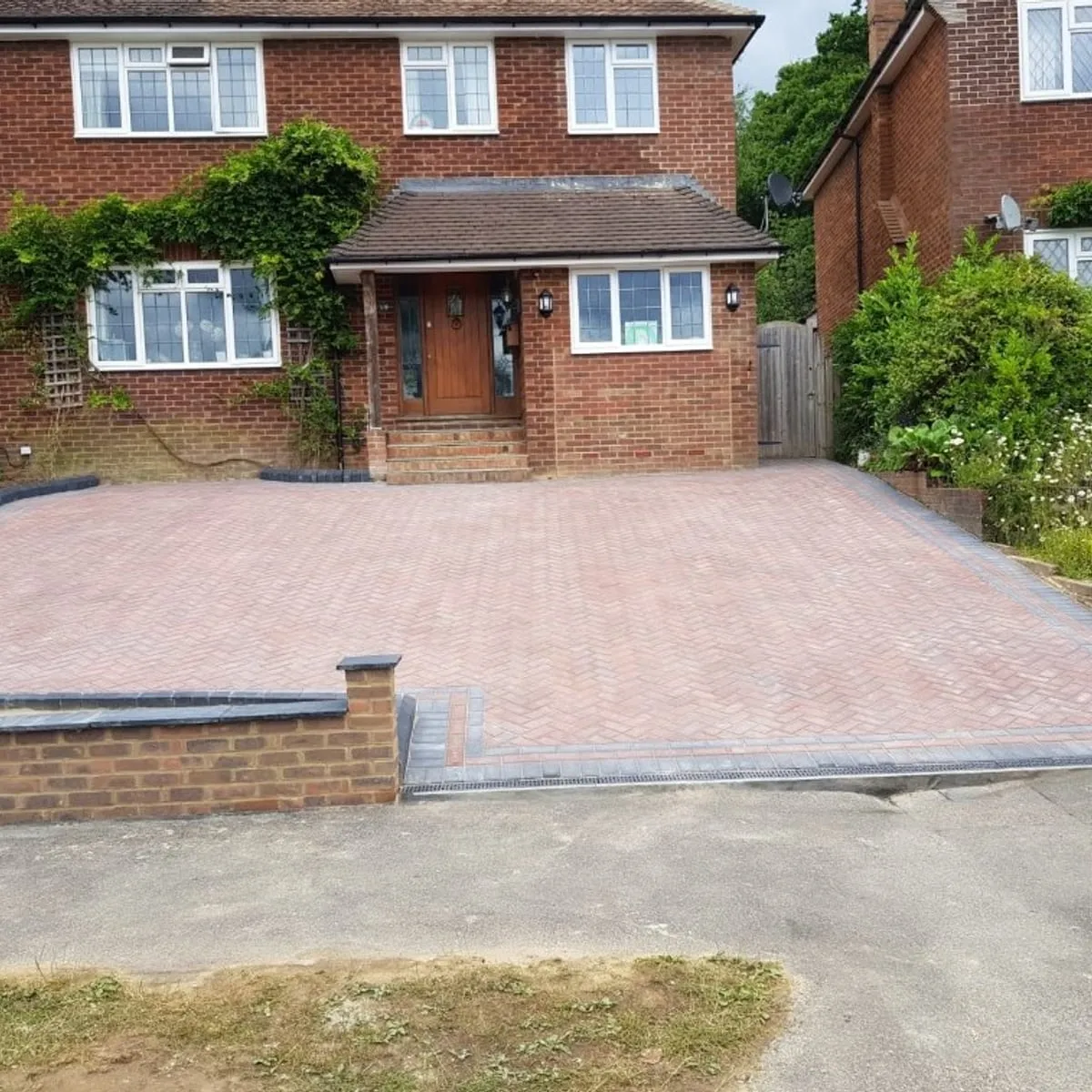 Red brick block paved driveway and path