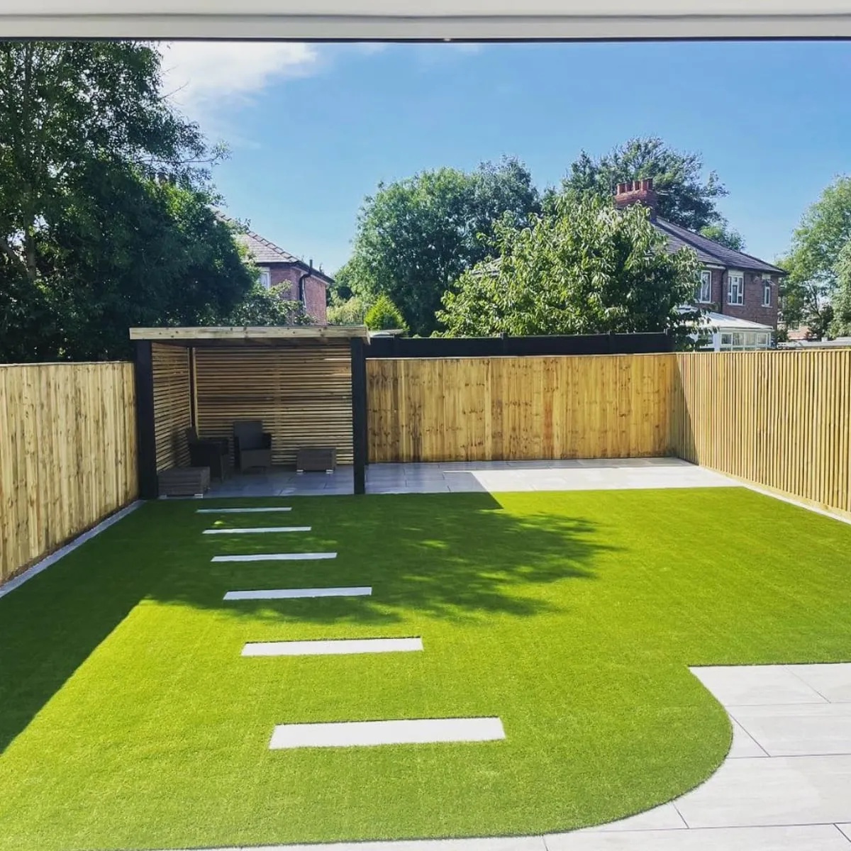 Artificial grass lawn with paved stepping stones